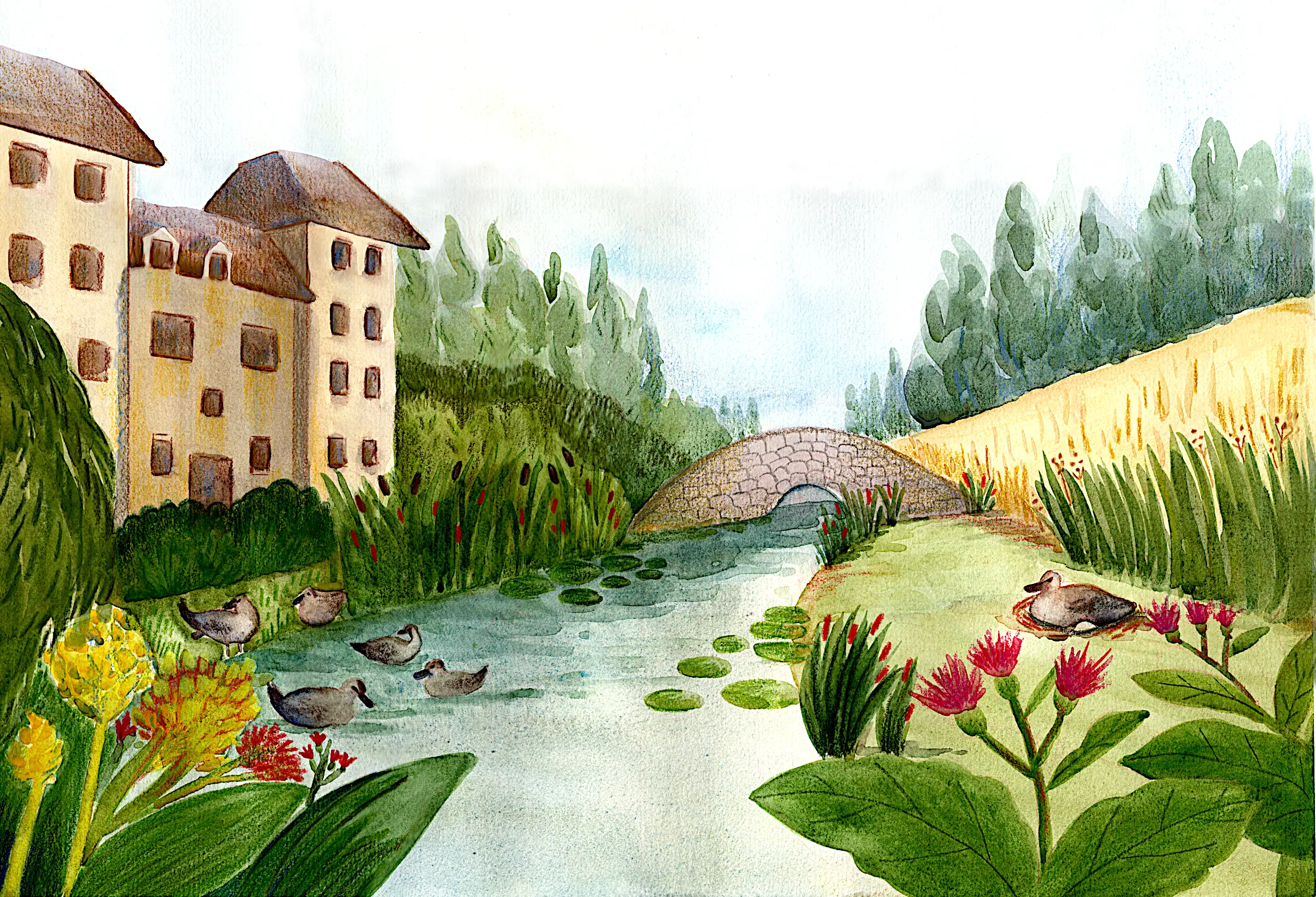 Rivière fleurie traversée par un pont de pierre