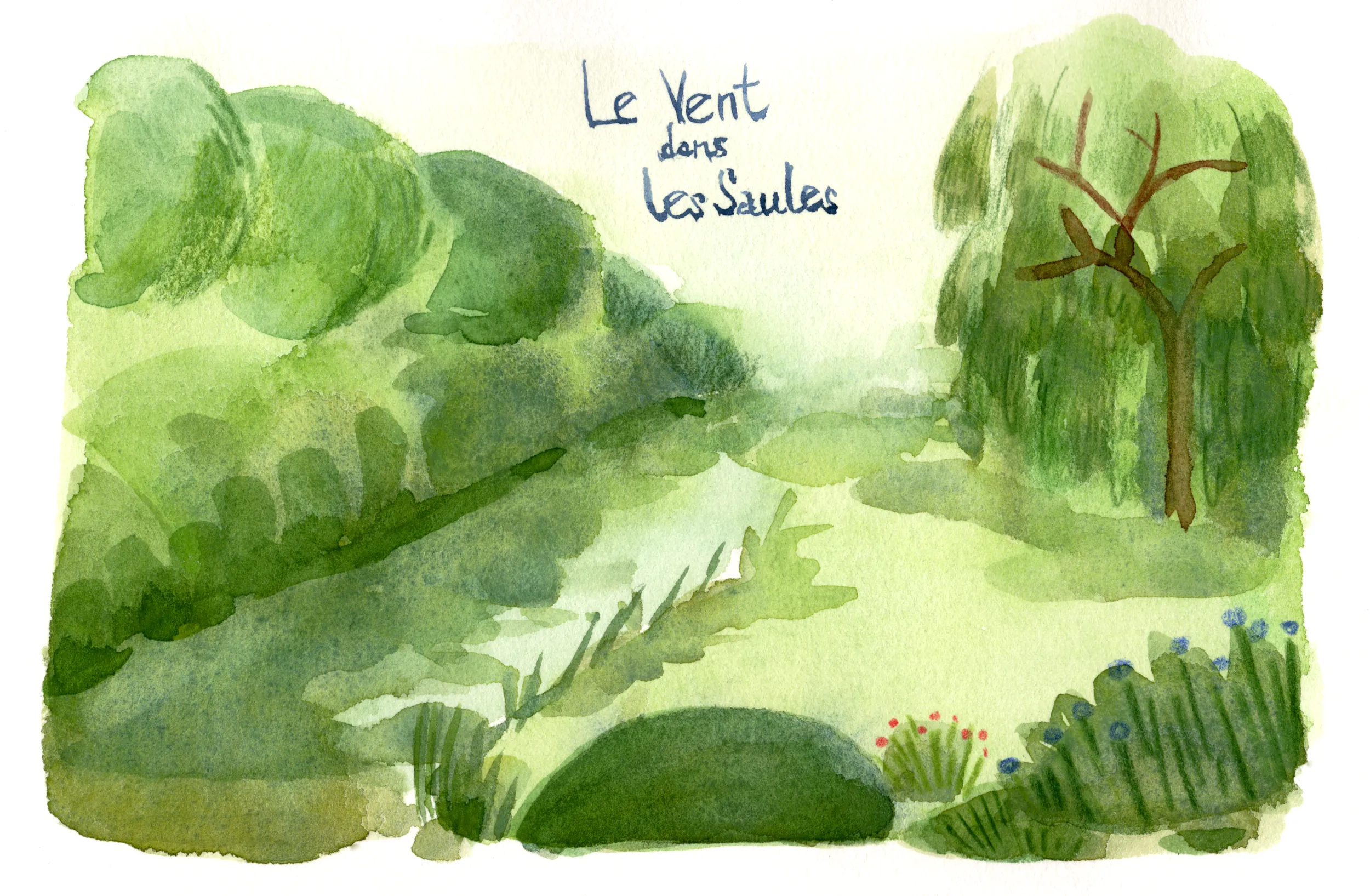 Recherche à l'aquarelle d'un paysage de saules au bord de l'eau