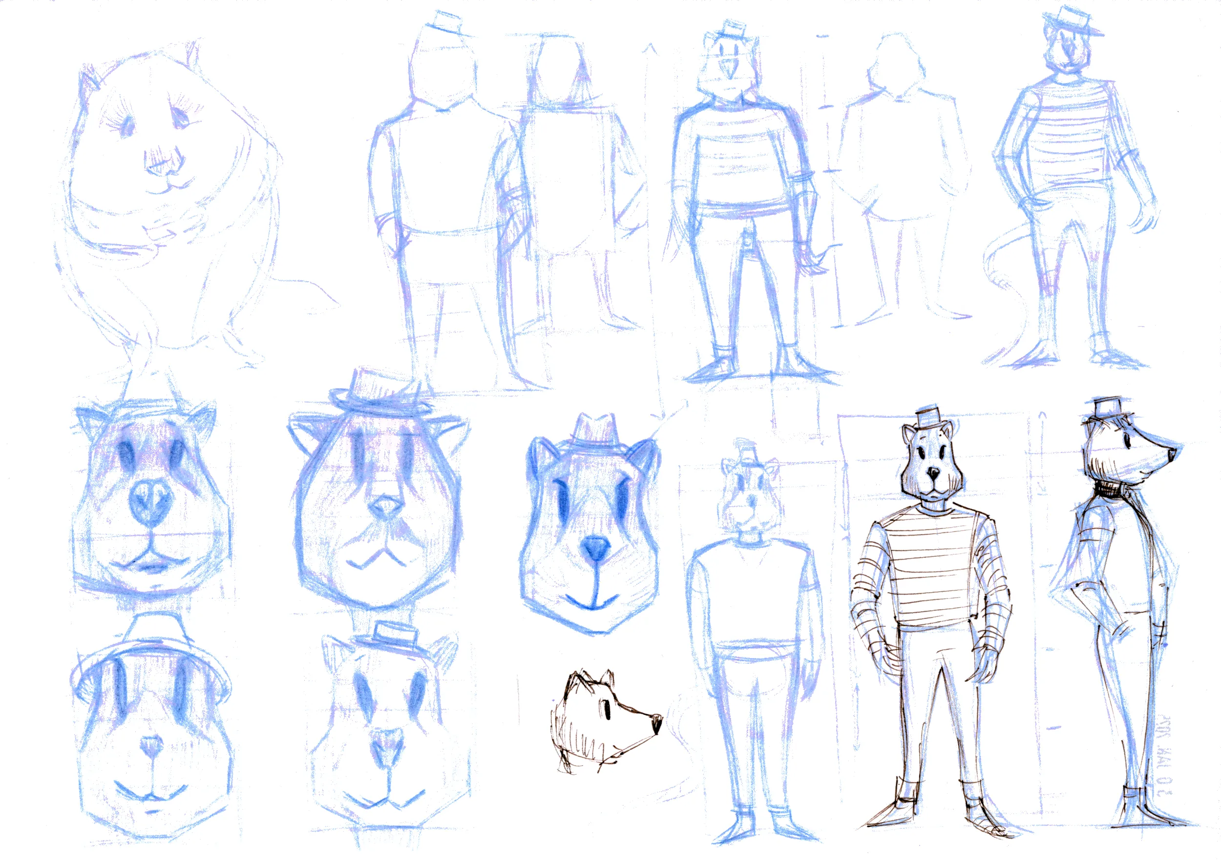 Recherches au crayon bleu des personnages du Vent dans les Saules