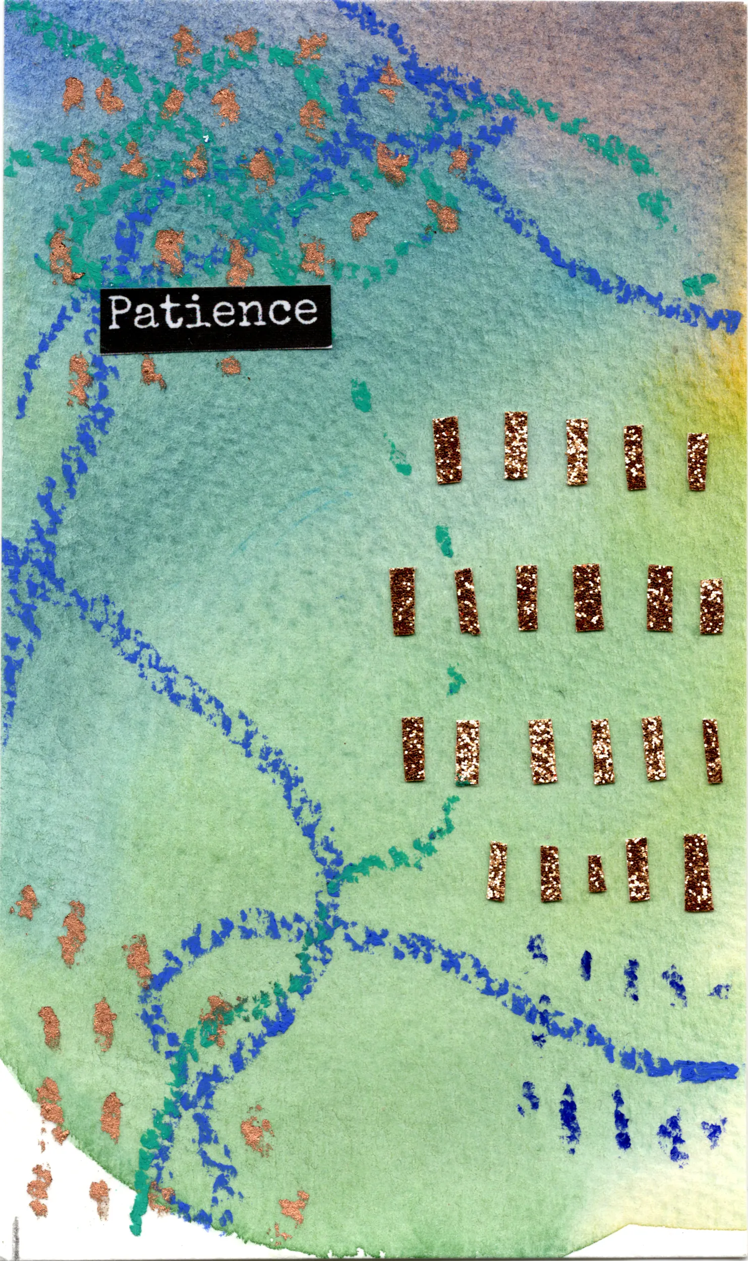 Composition abstraite verte et bleue intitulée Patience